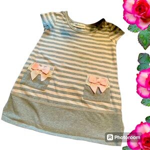 🎀 BONNIE JEAN Beautiful Toddler dress 3T pink & Gray stripe w pink Bows Like New